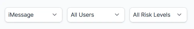 Filters showing users, risk levels, and platform. The platform chosen is iMessage.