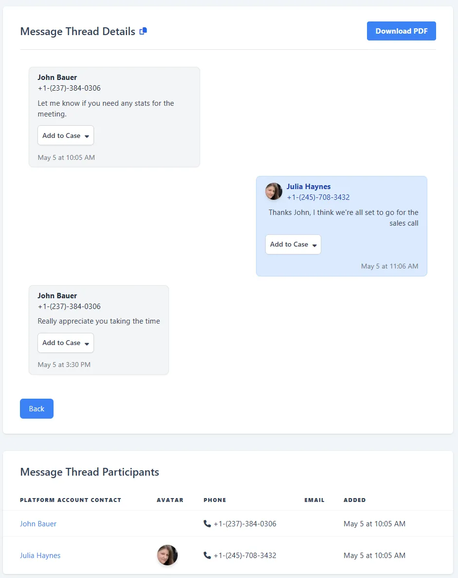 Message thread showing a conversation between John Bauer and Julia Haynes with timestamps, Add to Case buttons, and a participants list with names and phone numbers plus a download PDF option.