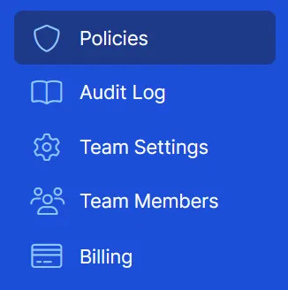 Policies, Audit Log, Team Settings, Team Members, Billing sidebar in the Comma Compliance app