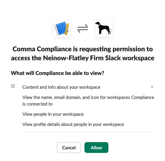 Example of OAuth page for Slack to connect to Comma Compliance