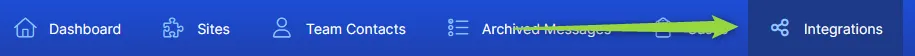 Small overview of navigation bar in Comma, with green arrow pointing to blue button of "integrations"