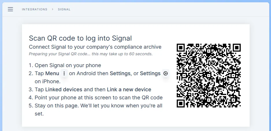 Scan QR code page to log in to Signal