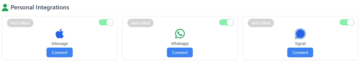 Personal Integrations section showing iMessage, WhatsApp, and Signal tiles each with a Connect button