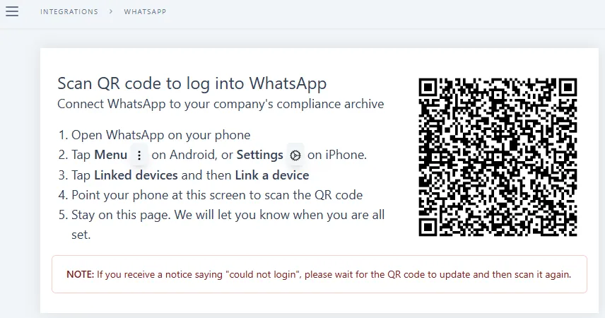 Comma Compliance screen displaying a QR code with instructions to open WhatsApp, tap Linked Devices, and scan to connect