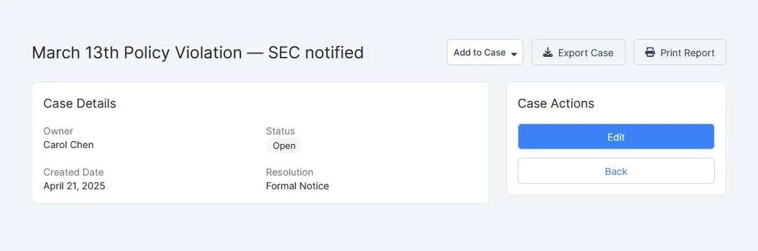 Comma Compliance case view - Export Case and Print Report buttons