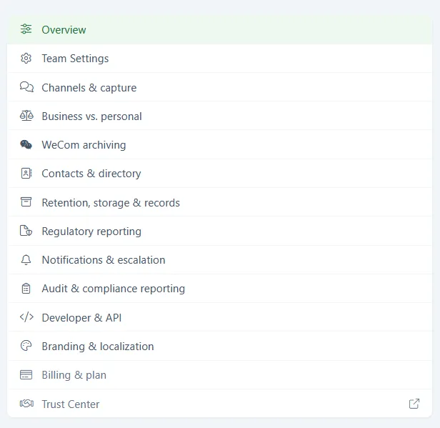 The Configuration Center sidebar with Overview selected, listing Team Settings, Channels and capture, Business vs. personal, Contacts and directory, Retention, storage and records, and the other configuration sections