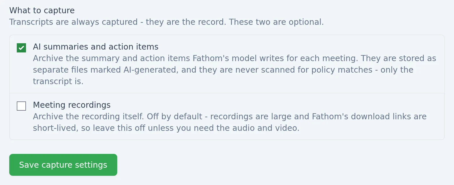 Fathom capture settings in Comma with AI summaries and action items enabled and meeting recordings disabled