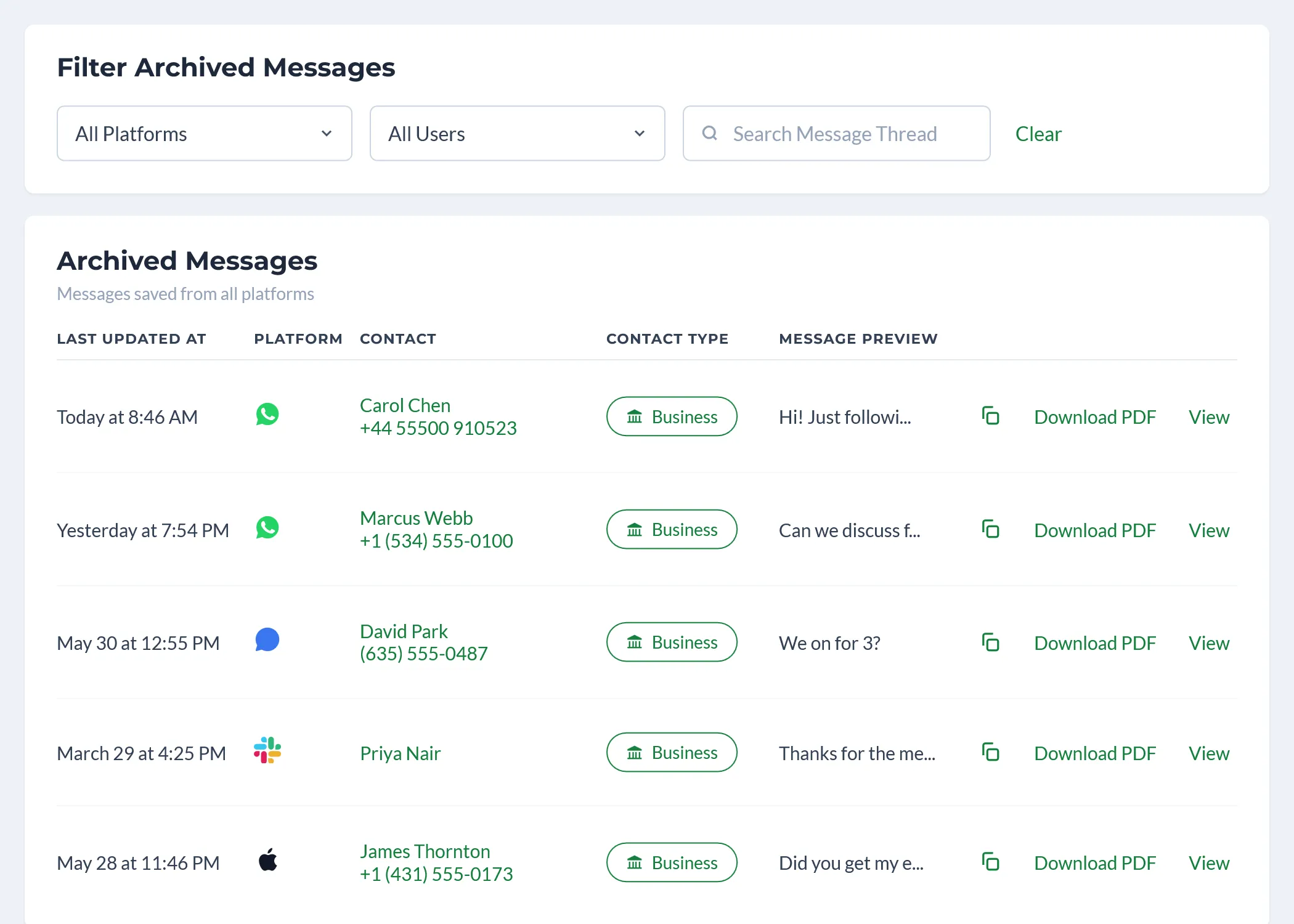 Comma archived messages across WhatsApp, Signal, Slack, and iMessage, searchable by platform, user, and thread with per-message PDF export