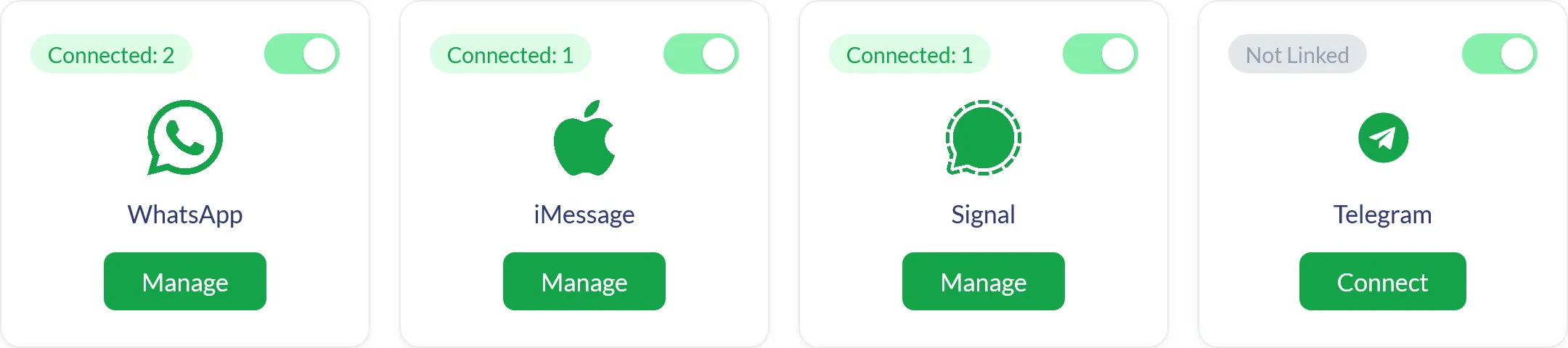 Comma connections panel showing WhatsApp, iMessage, and Signal connected and Telegram available to connect