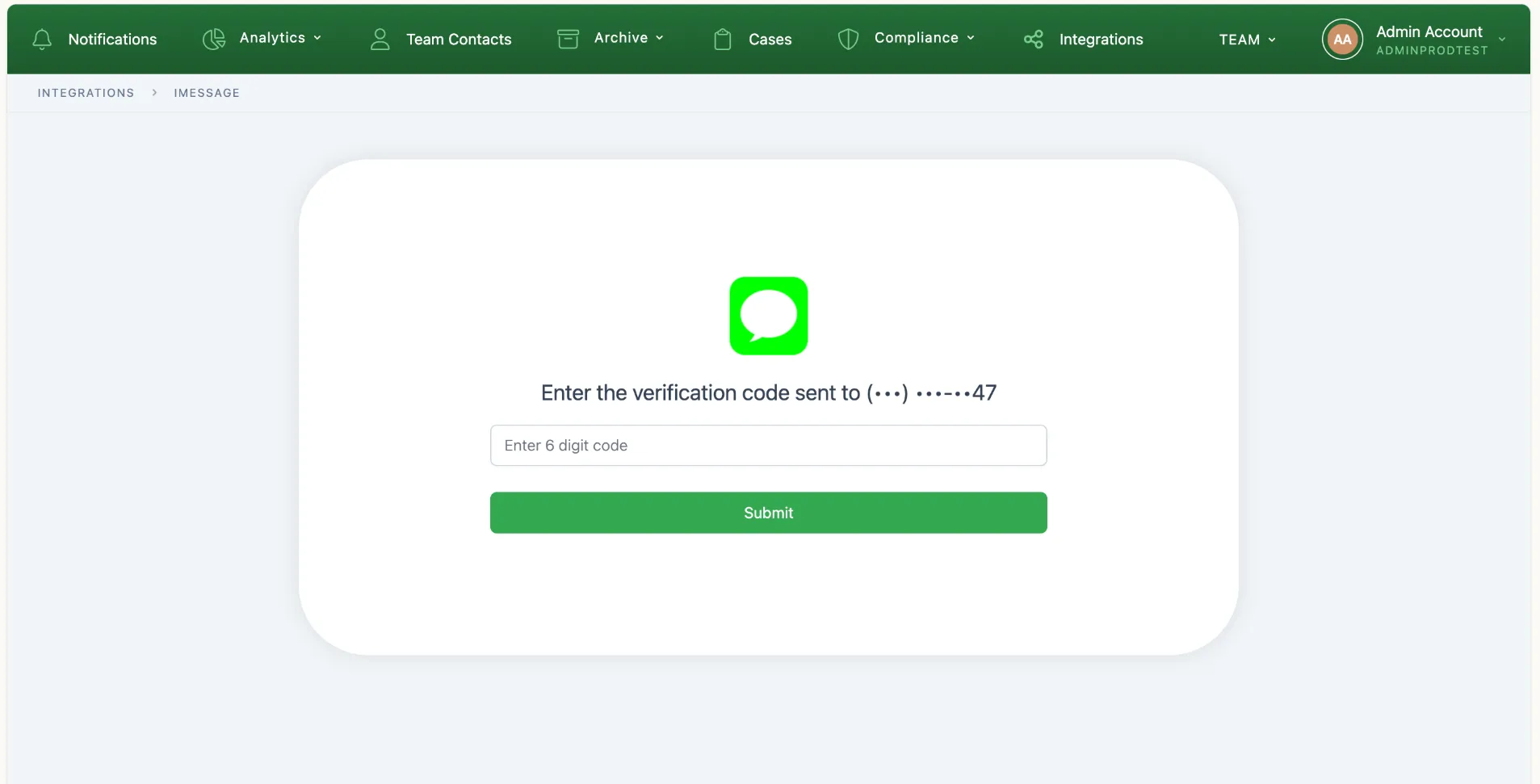 The iMessage verification step in Comma, reading "Enter the verification code sent to" a masked phone number ending in 47, with a field for the 6-digit code