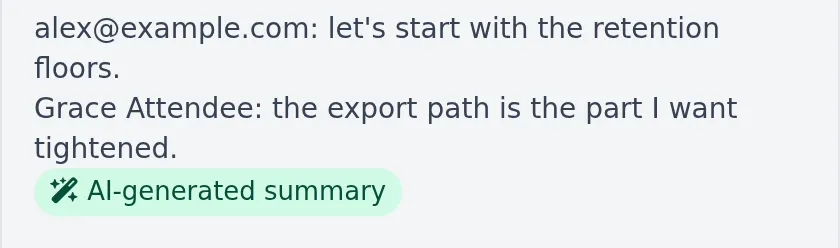 Transcript excerpt and a separate AI-generated summary label in Comma