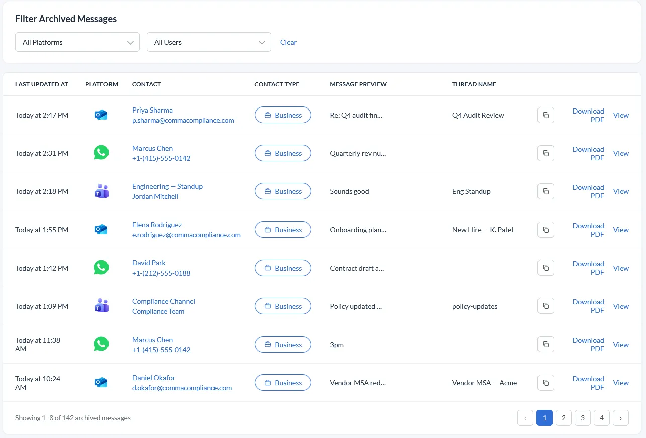 Comma archived messages view showing Outlook email, WhatsApp, and Microsoft Teams records in one unified, filterable list with contact, message preview, thread name, and download-PDF actions