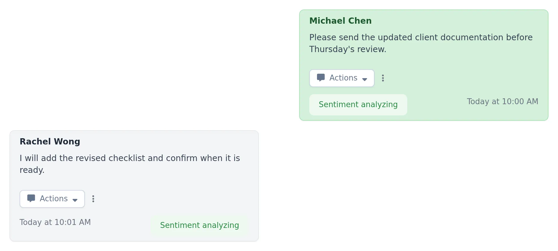 WeCom client-documentation conversation between Michael Chen and Rachel Wong, with analysis pending