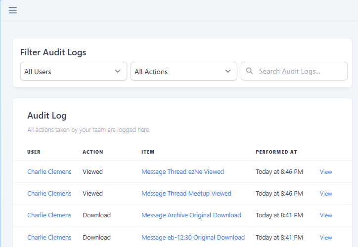 Comma Compliance audit log showing every user action timestamped and logged