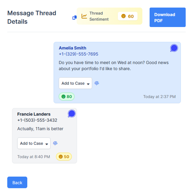 Comma Compliance archive showing a captured Signal message thread with sentiment scoring