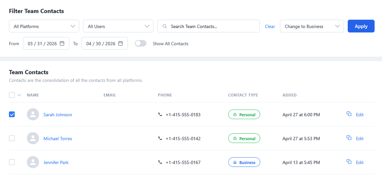 Team Contacts Page